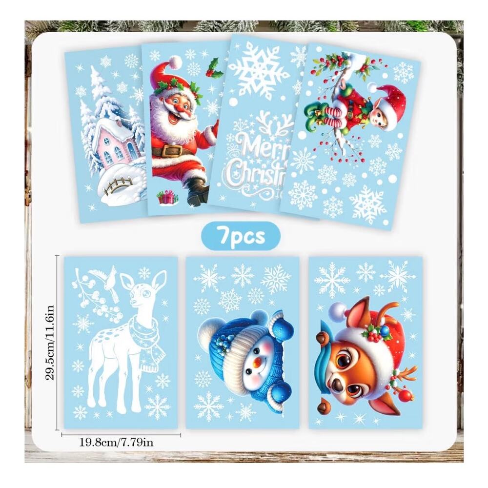 7 Sheets Christmas Window Stickers Self-Adhesive Winter Snowflake Santa Deer